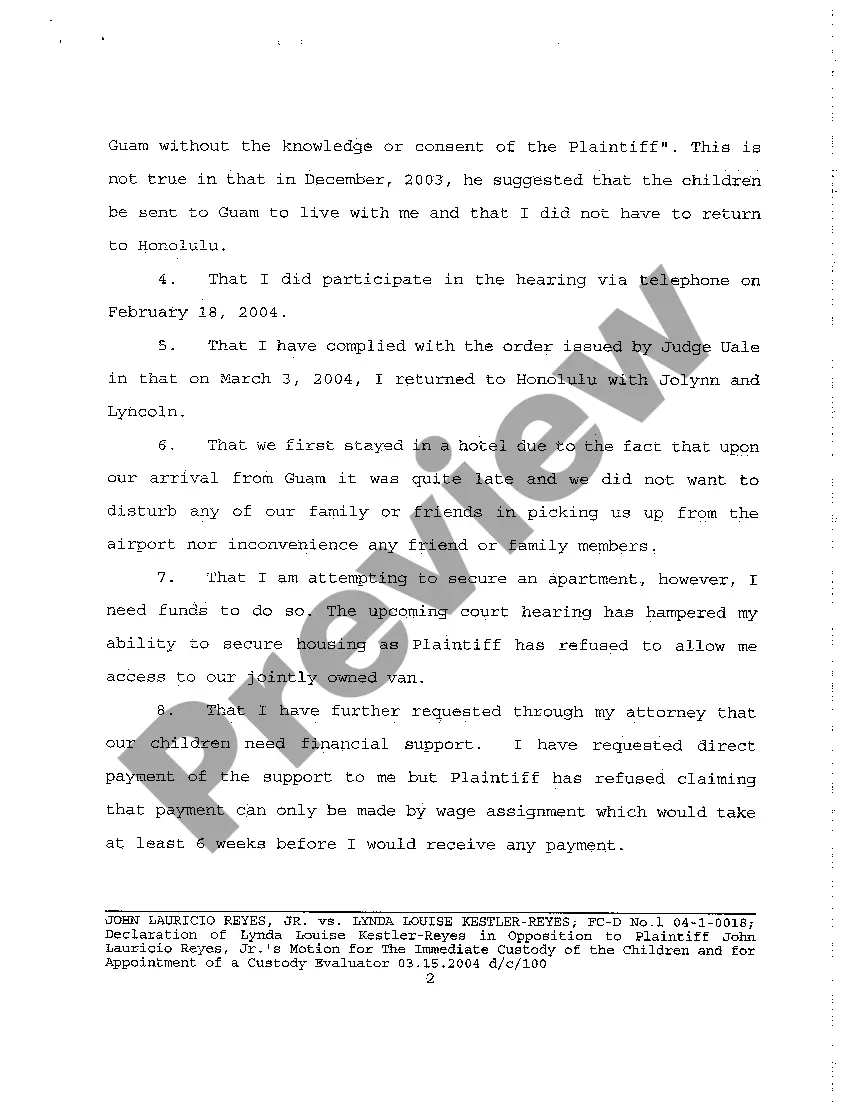 Preview A20 Declaration of Defendant in Opposition to Motion for the Immediate Custody of Children and for Appointment of Custody Evaluator