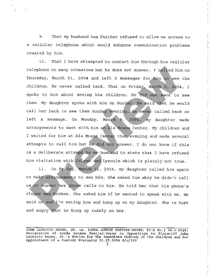 Preview A20 Declaration of Defendant in Opposition to Motion for the Immediate Custody of Children and for Appointment of Custody Evaluator