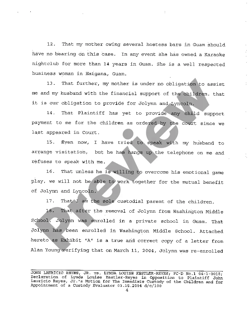 Preview A20 Declaration of Defendant in Opposition to Motion for the Immediate Custody of Children and for Appointment of Custody Evaluator