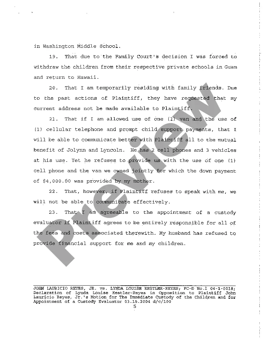 Preview A20 Declaration of Defendant in Opposition to Motion for the Immediate Custody of Children and for Appointment of Custody Evaluator