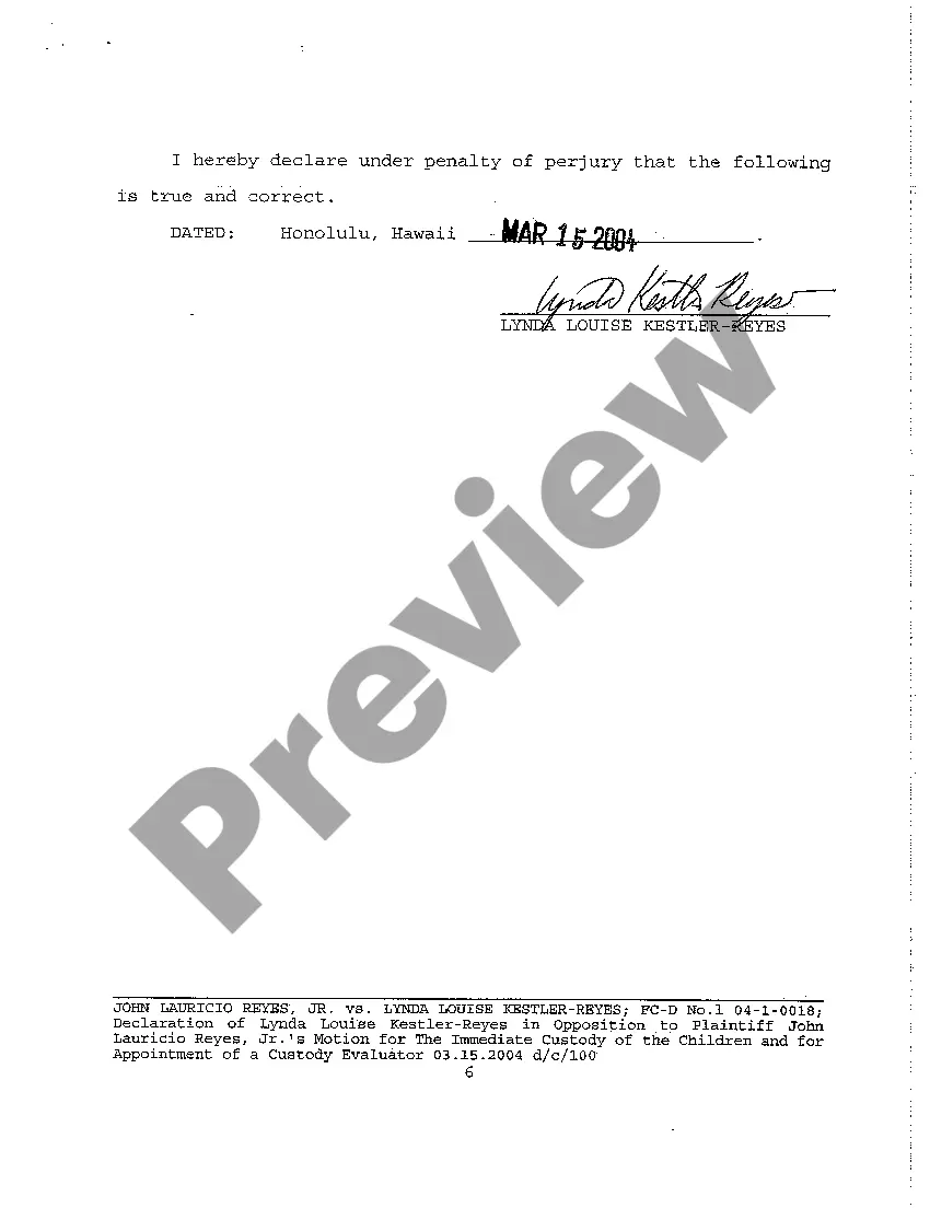 Preview A20 Declaration of Defendant in Opposition to Motion for the Immediate Custody of Children and for Appointment of Custody Evaluator