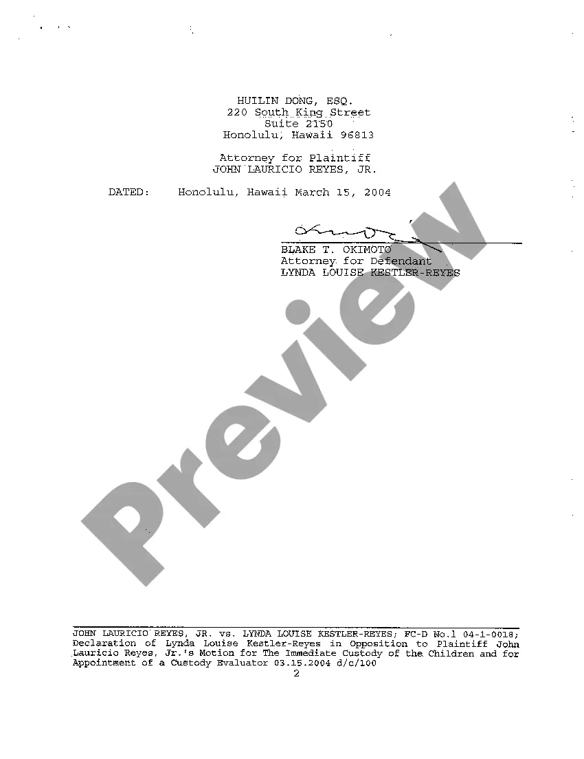Preview A20 Declaration of Defendant in Opposition to Motion for the Immediate Custody of Children and for Appointment of Custody Evaluator