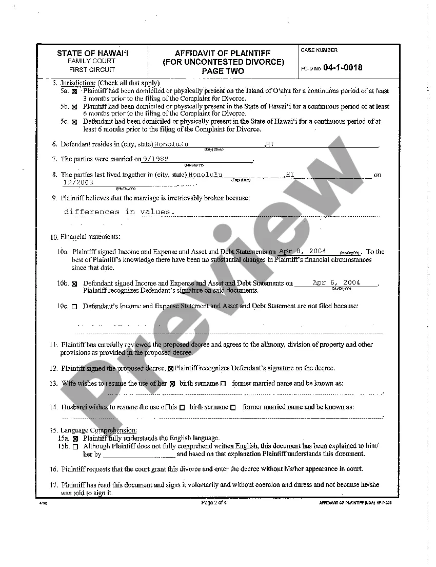 Preview A28 Affidavit of Plaintiff for Uncontested Divorce
