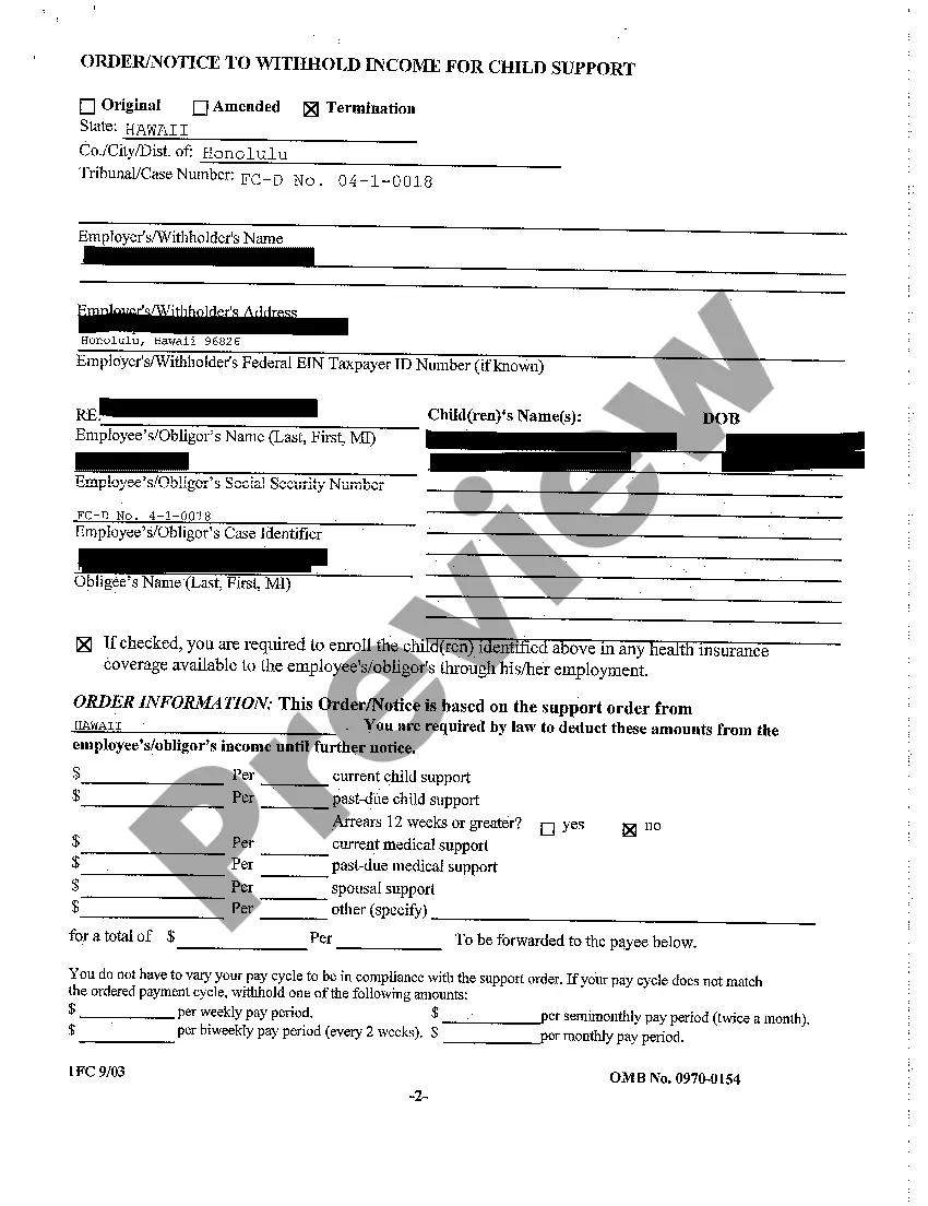 Preview A31 Termination Order - Notice to Withhold Income for Child Support regarding Contested Divorce With Children