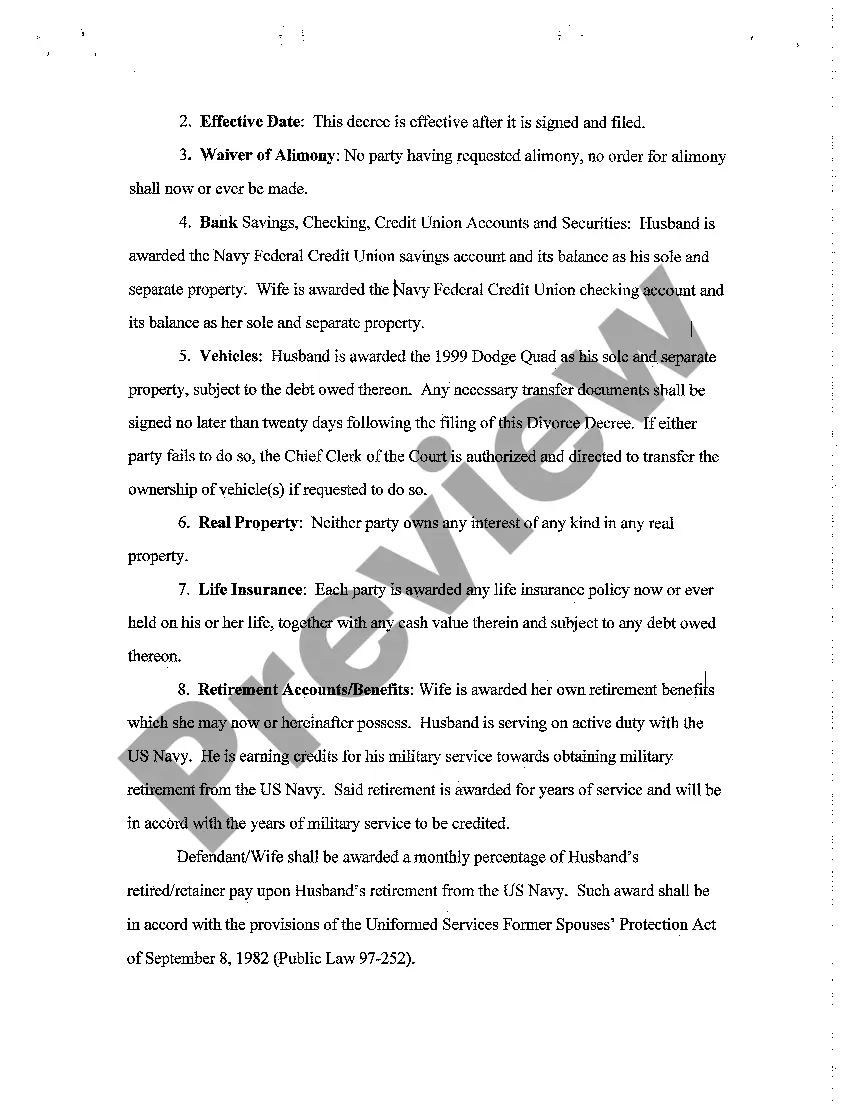 Preview A06 Divorce Decree regarding Uncontested Divorce With No Children