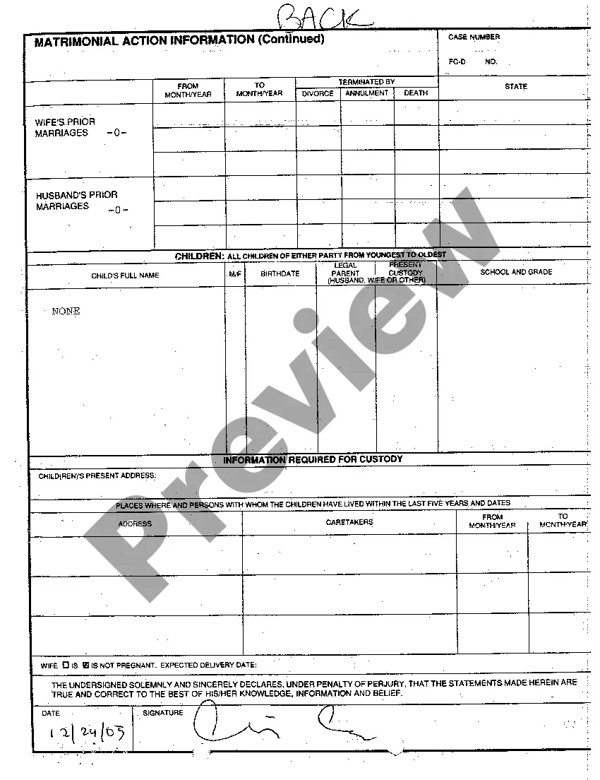 Preview A01 Matrimonial Action Information regarding Uncontested Divorce With No Children