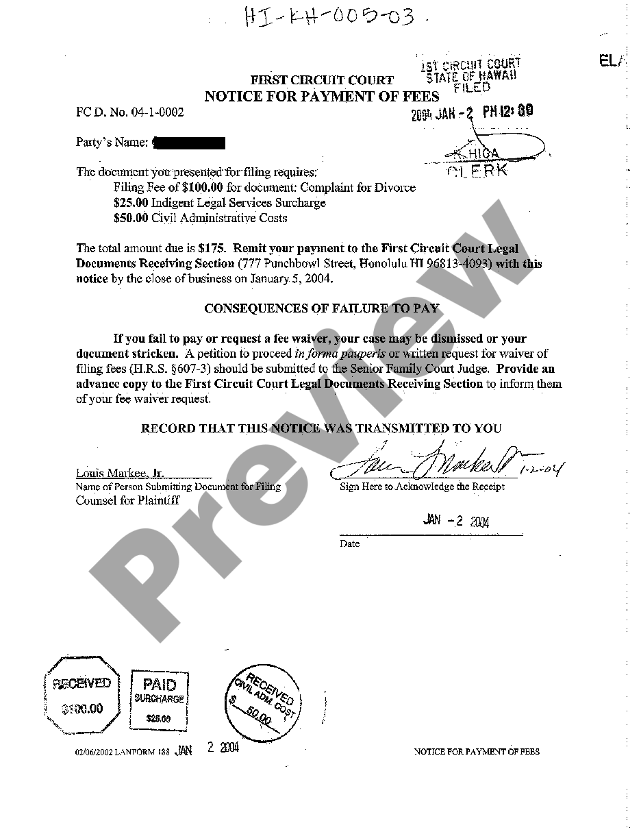 Hawaii Notice for Payment of Fees | US Legal Forms