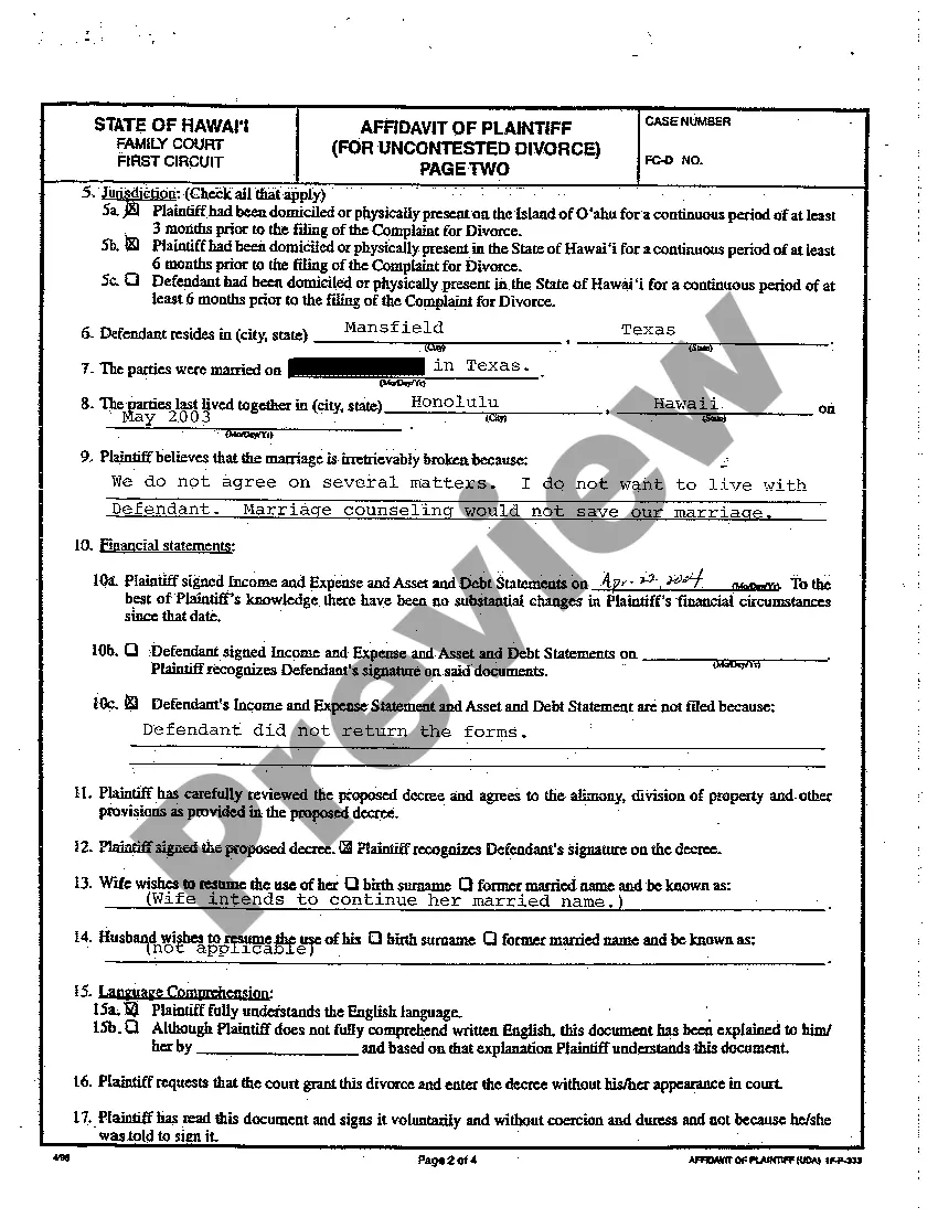 Get A09 Affidavit of Plaintiff for Uncontested Divorce Preview A09 Affidavit of Plaintiff for Uncontested Divorce