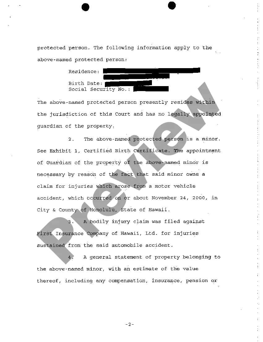 Preview A01 Petition for Appointment of Guardian of Minor and Property and Authority to Compromise Settlement of Claims