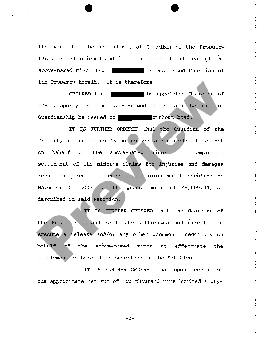 Preview A06 Order Granting Petition for Appointment of Guardian of the Property and Authority for Compromise Settlement of Claims
