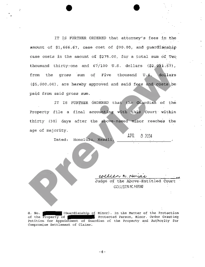 Preview A06 Order Granting Petition for Appointment of Guardian of the Property and Authority for Compromise Settlement of Claims