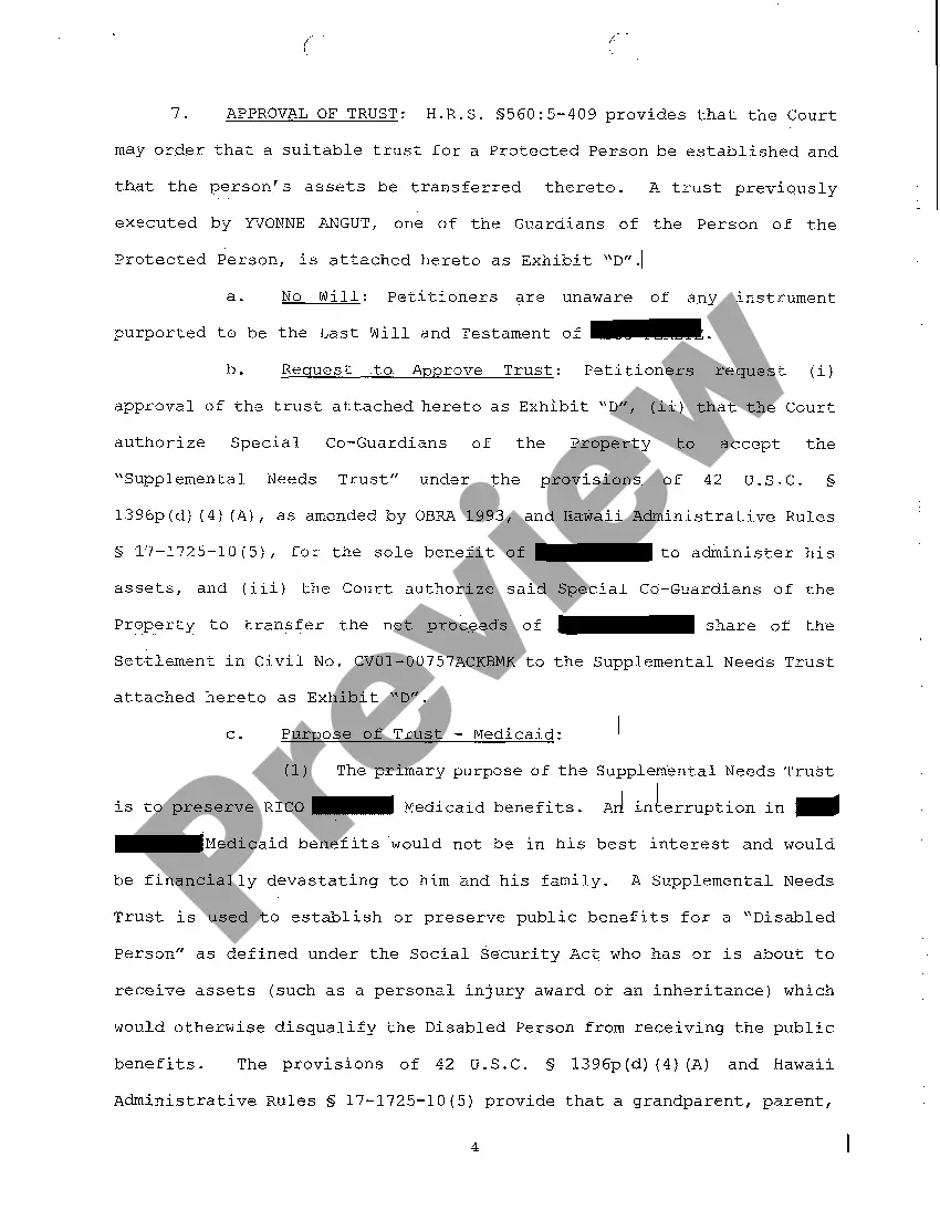 Get A01 Petition for Protective Arrangement to Authorize Compromise of Claim and for Approval of Trust Preview A01 Petition for Protective Arrangement to Authorize Compromise of Claim and for Approval of Trust