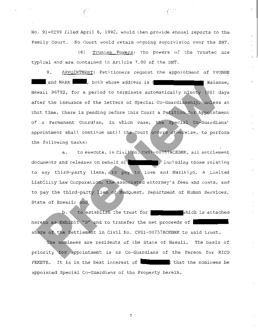 Get A01 Petition for Protective Arrangement to Authorize Compromise of Claim and for Approval of Trust Preview A01 Petition for Protective Arrangement to Authorize Compromise of Claim and for Approval of Trust