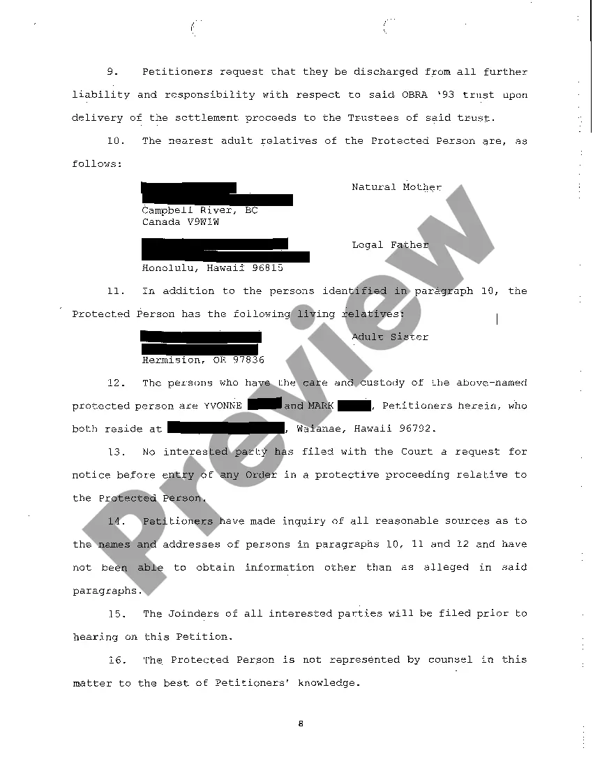 Get A01 Petition for Protective Arrangement to Authorize Compromise of Claim and for Approval of Trust Preview A01 Petition for Protective Arrangement to Authorize Compromise of Claim and for Approval of Trust