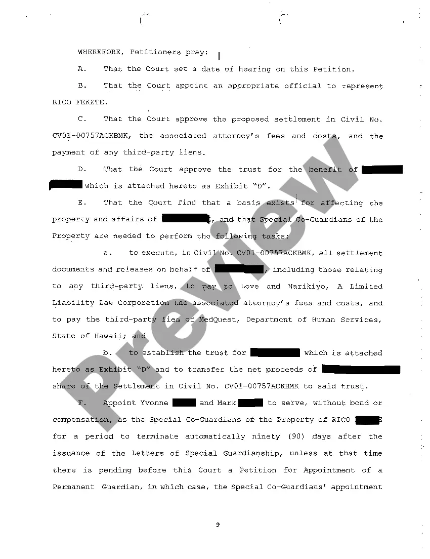 Get A01 Petition for Protective Arrangement to Authorize Compromise of Claim and for Approval of Trust Preview A01 Petition for Protective Arrangement to Authorize Compromise of Claim and for Approval of Trust