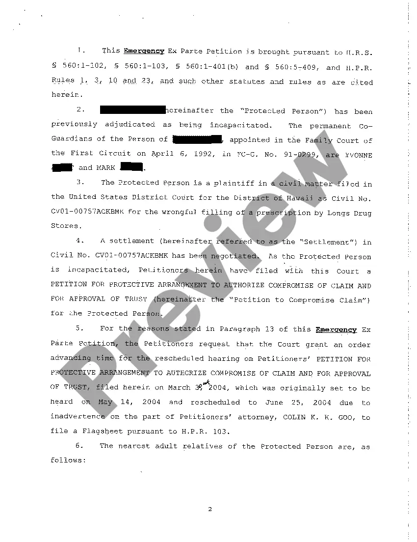 Get A09 Emergency Ex Parte Petition to Advance Time for Hearing on Petition for Protective Arrangement to Authorize Compromise of Claim and Approval of Trust Preview A09 Emergency Ex Parte Petition to Advance Time for Hearing on Petition for Protective Arrangement to Authorize Compromise of Claim and Approval of Trust