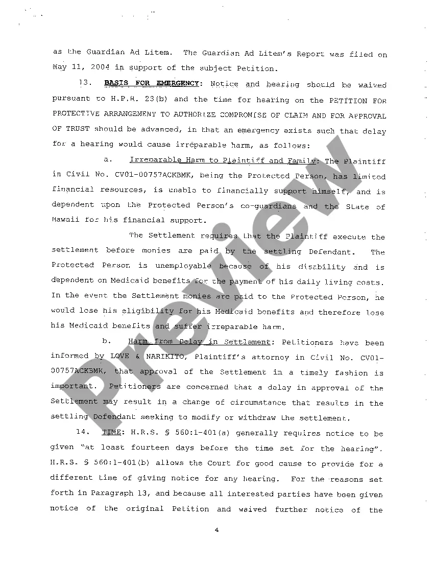Get A09 Emergency Ex Parte Petition to Advance Time for Hearing on Petition for Protective Arrangement to Authorize Compromise of Claim and Approval of Trust Preview A09 Emergency Ex Parte Petition to Advance Time for Hearing on Petition for Protective Arrangement to Authorize Compromise of Claim and Approval of Trust