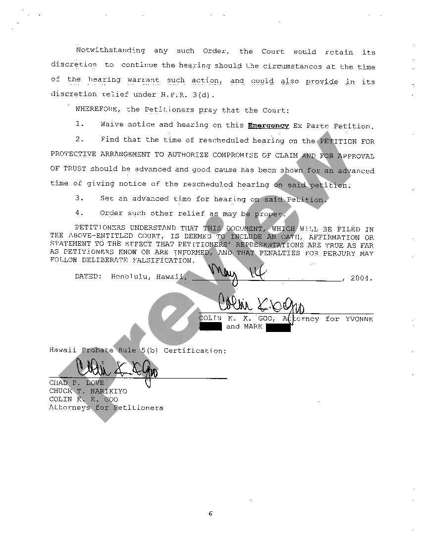 Get A09 Emergency Ex Parte Petition to Advance Time for Hearing on Petition for Protective Arrangement to Authorize Compromise of Claim and Approval of Trust Preview A09 Emergency Ex Parte Petition to Advance Time for Hearing on Petition for Protective Arrangement to Authorize Compromise of Claim and Approval of Trust