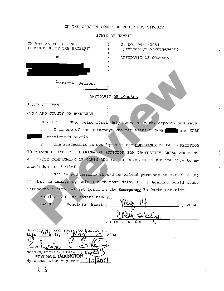 Get A09 Emergency Ex Parte Petition to Advance Time for Hearing on Petition for Protective Arrangement to Authorize Compromise of Claim and Approval of Trust Preview A09 Emergency Ex Parte Petition to Advance Time for Hearing on Petition for Protective Arrangement to Authorize Compromise of Claim and Approval of Trust
