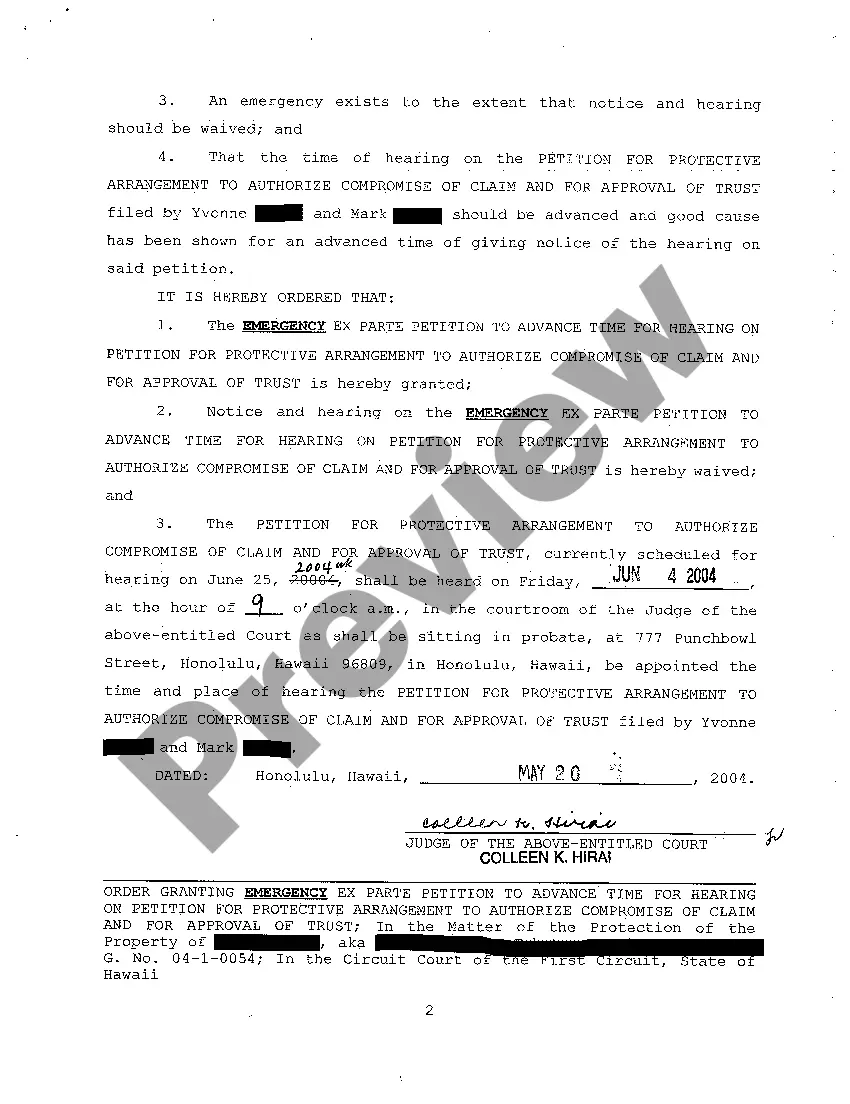 Preview A10 Order Granting Emergency Ex Parte Petition to Advance Hearing on Petition for Protective Arrangement to Authorize Compromise of Claim and Approval of Trust