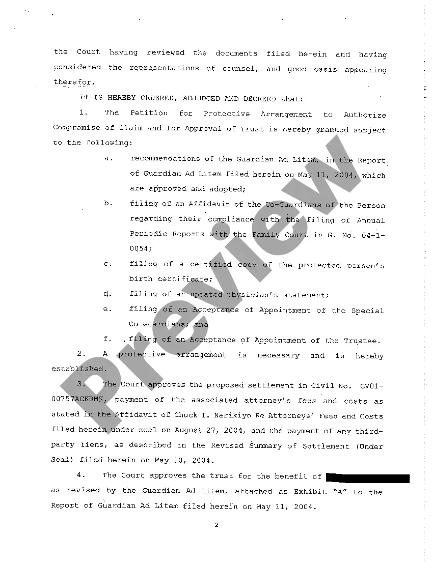 Preview A12 Order Granting Petition for Protective Arrangement to Authorize Compromise of Claim and Approval of Trust