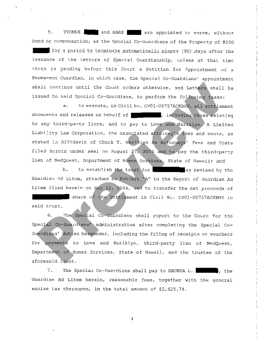 Preview A12 Order Granting Petition for Protective Arrangement to Authorize Compromise of Claim and Approval of Trust
