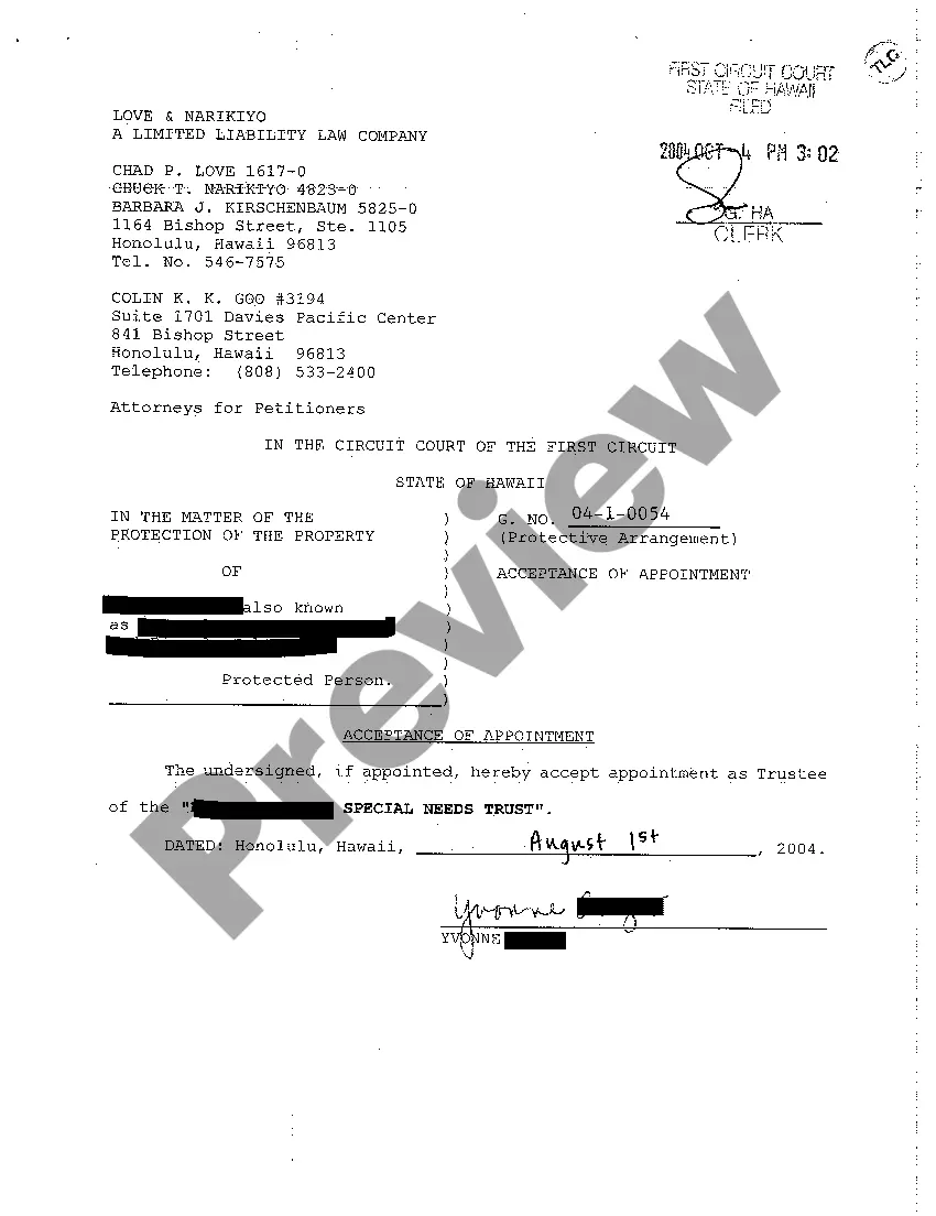 Preview A15 Acceptance of Appointment to Authorize Compromise of Claim and for Approval of Trust