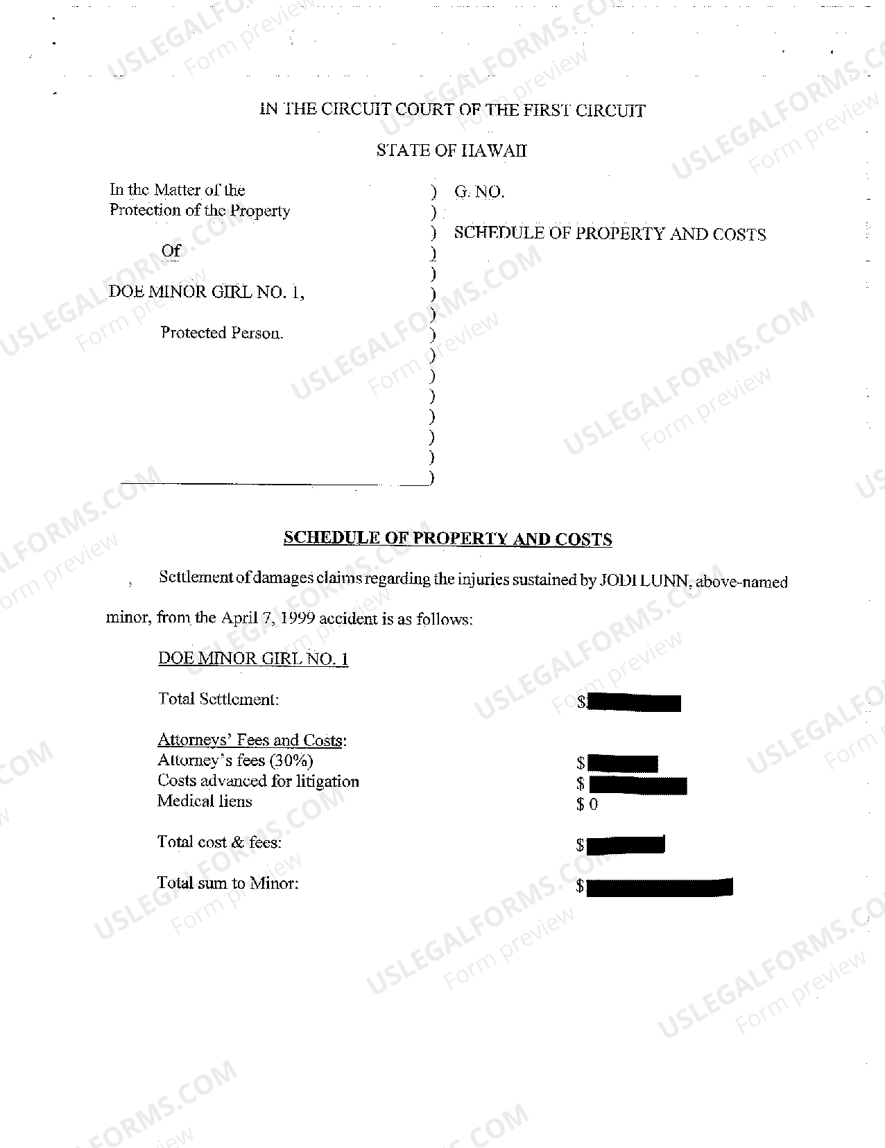 Hawaii Petition for Protected Arrangement, for Appointment of Guardian of  Property, and for Authority to Compromise Claims of Minor | US Legal Forms
