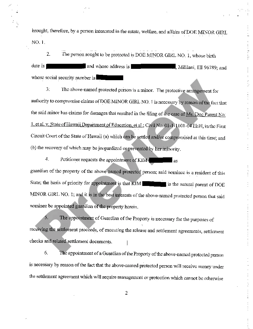 Preview A01 Petition for Protected Arrangement, for Appointment of Guardian of Property, and for Authority to Compromise Claims of Minor