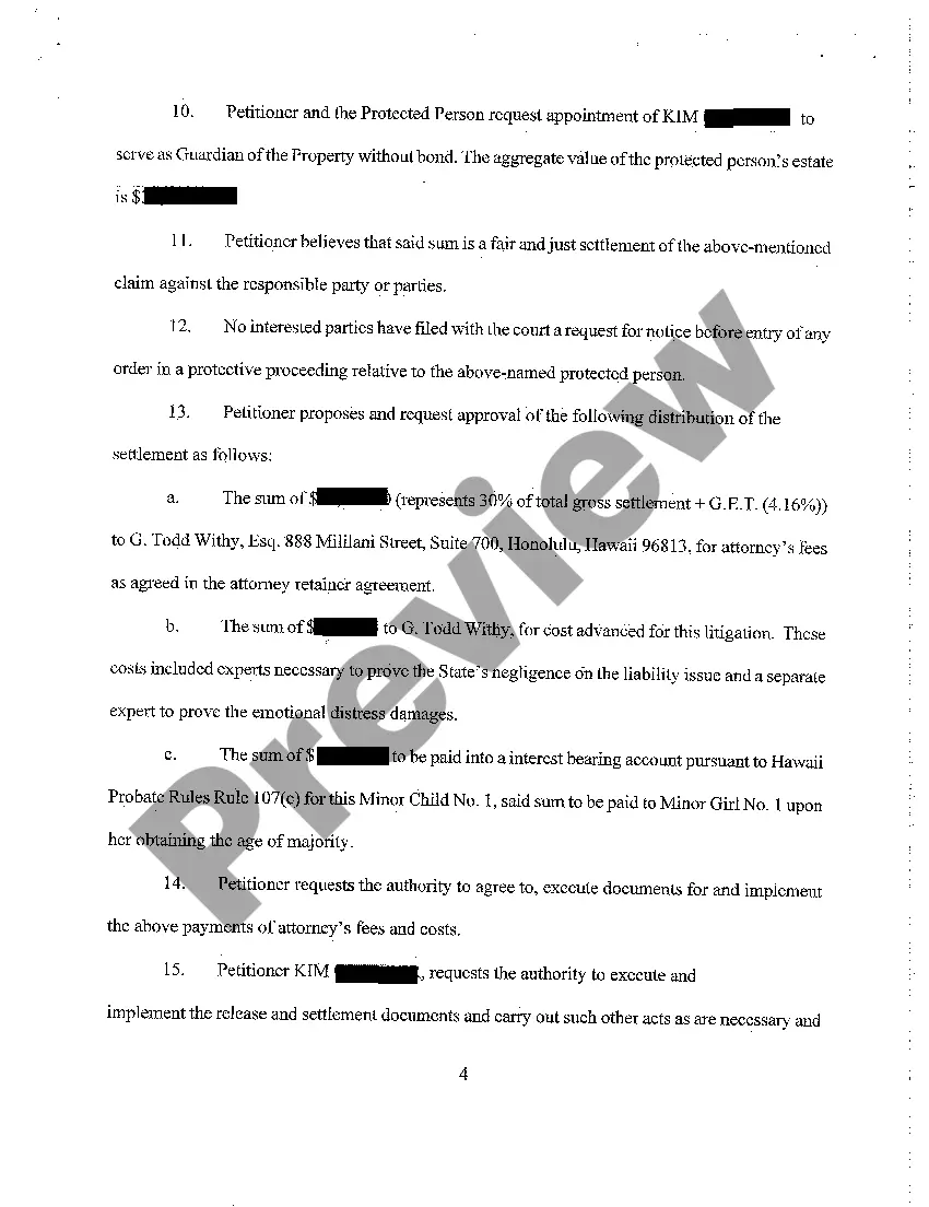 Preview A01 Petition for Protected Arrangement, for Appointment of Guardian of Property, and for Authority to Compromise Claims of Minor