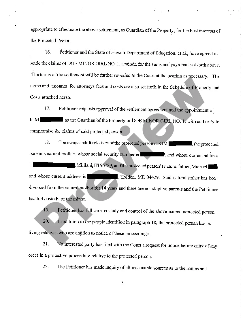 Preview A01 Petition for Protected Arrangement, for Appointment of Guardian of Property, and for Authority to Compromise Claims of Minor