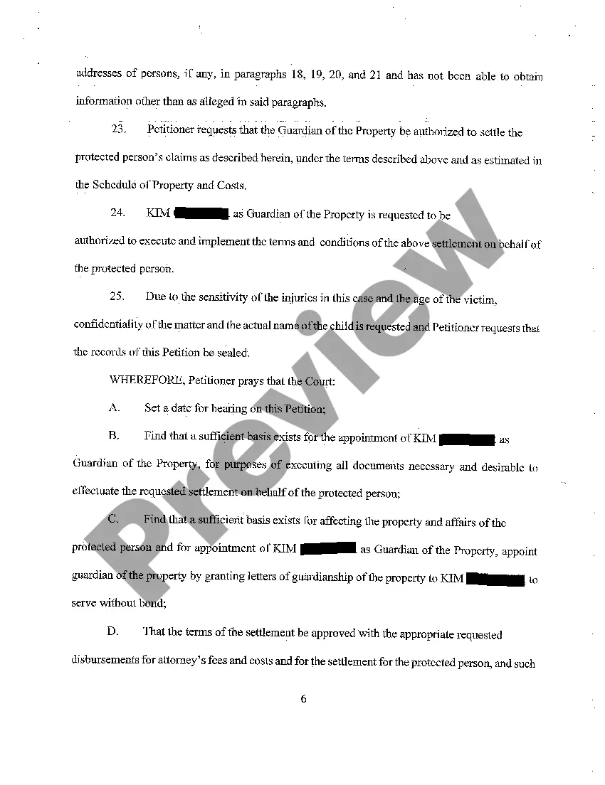 Preview A01 Petition for Protected Arrangement, for Appointment of Guardian of Property, and for Authority to Compromise Claims of Minor