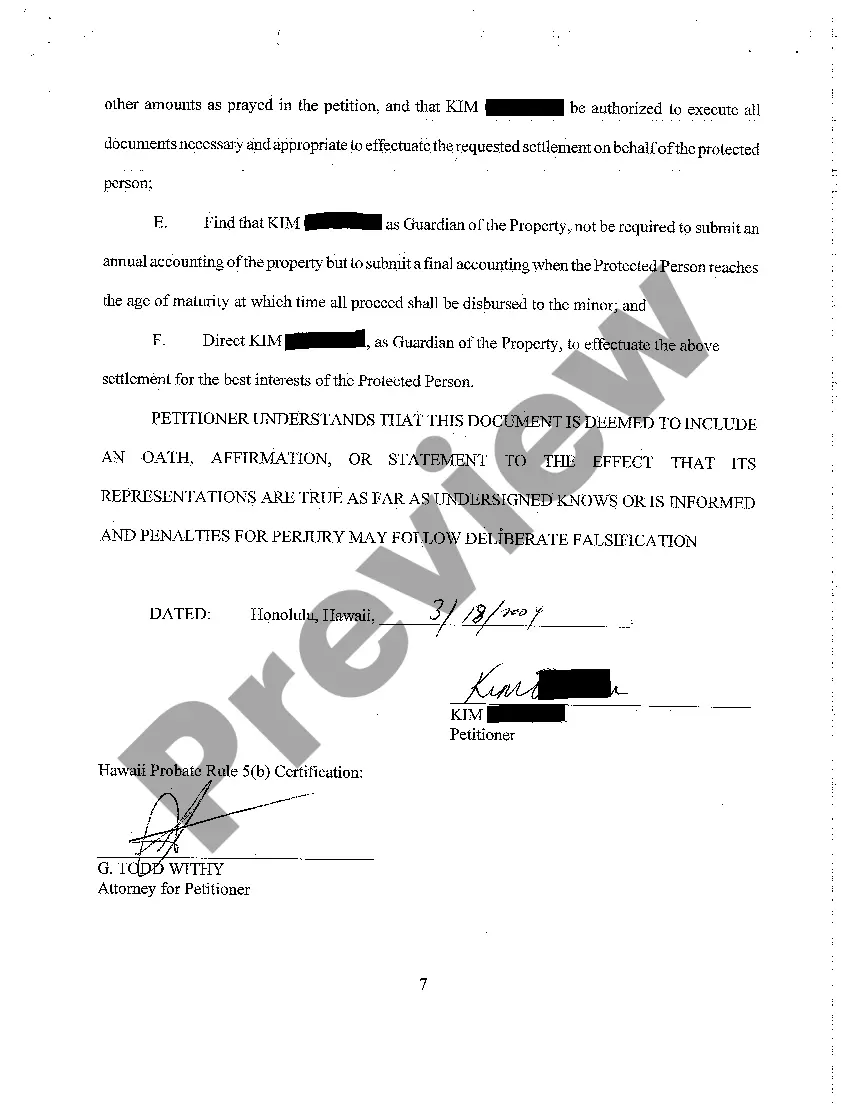 Preview A01 Petition for Protected Arrangement, for Appointment of Guardian of Property, and for Authority to Compromise Claims of Minor