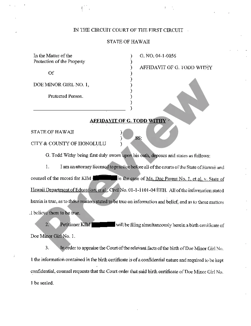 Preview A06 Guardian's Ex Parte Petition for Order Allowing Filing of Birth Certificate of Minor Girl Under Seal