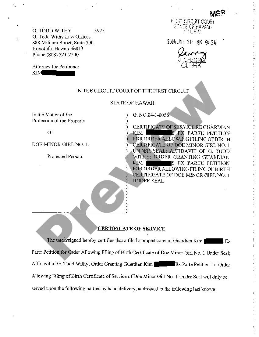 Preview A07 Order Granting Guardian's Ex Parte Petition for Order Allowing Filing of Birth Certificate of Minor Girl Under Seal