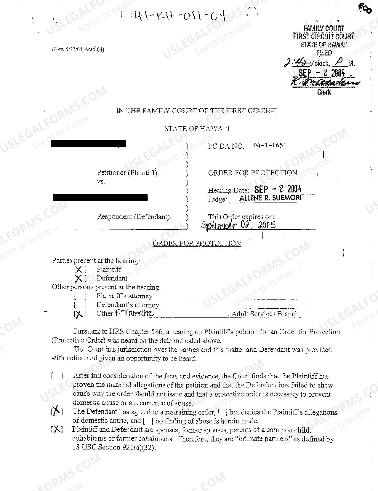 Hawaii Family Law Restraining Orders Sample Case 1 Forum US Legal Forms