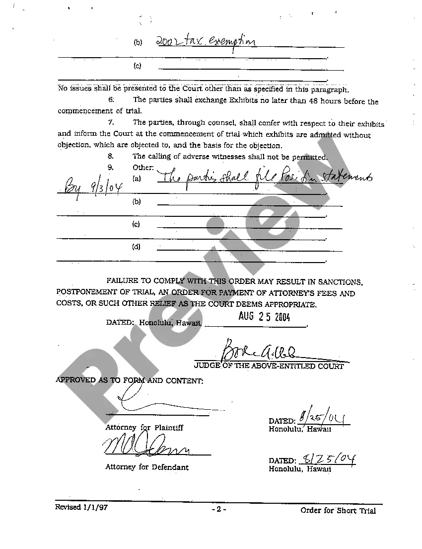 Preview A10 Order for Short Trial