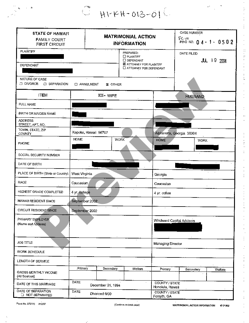 Hawaii Matrimonial Action Information US Legal Forms