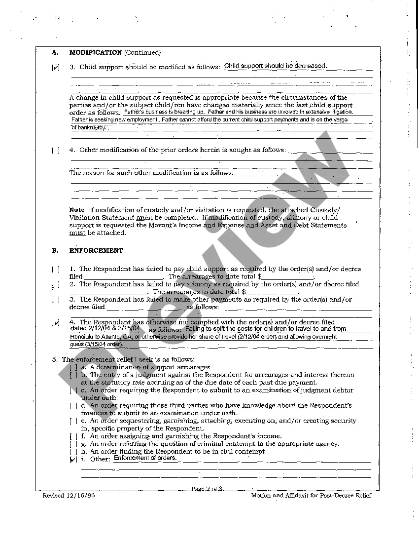 Preview A08 Motion and Affidavit for Post-Decree Relief to Lower Child Support