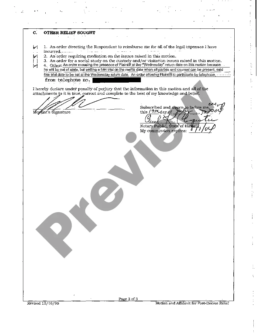 Preview A08 Motion and Affidavit for Post-Decree Relief to Lower Child Support