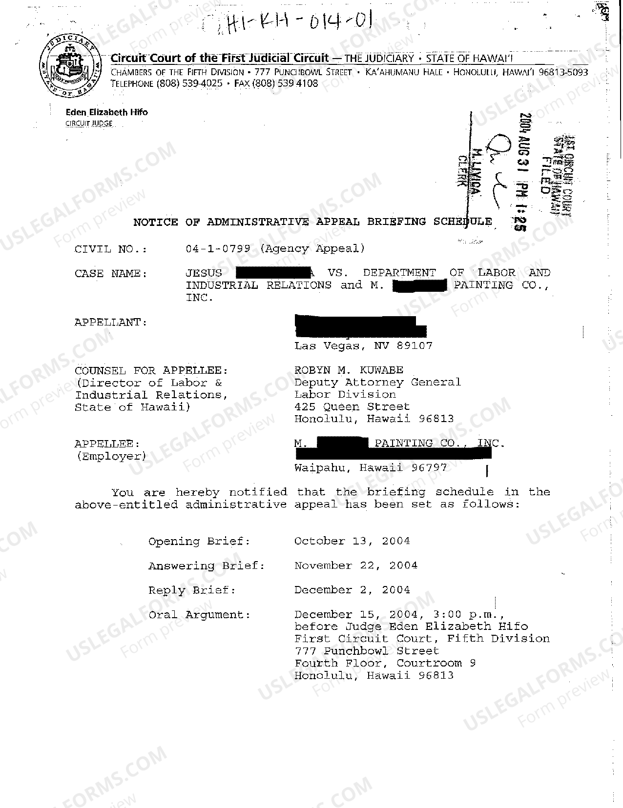Hawaii Notice of Administrative Appeal Briefing Schedule | US Legal Forms