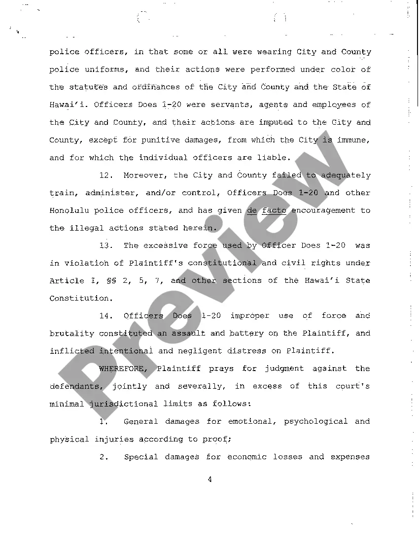 Get A01 Complaint for Assault, Battery, Violation of Civil Rights by Police Officers to Wrongfully Arrested Plaintiff Preview A01 Complaint for Assault, Battery, Violation of Civil Rights by Police Officers to Wrongfully Arrested Plaintiff