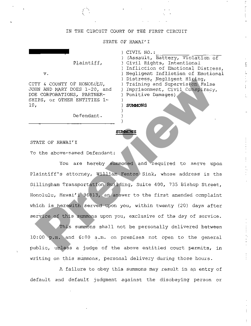 Hawaii First Amended Complaint for Assault, Battery, Violation of Civil