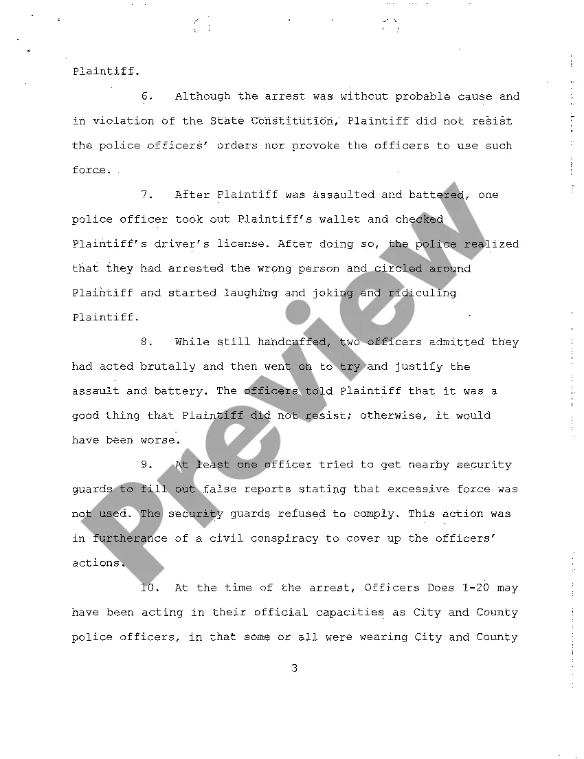 Preview A02 First Amended Complaint for Assault, Battery, Violation of Civil Rights by Police Officers to Wrongfully-Arrested Plaintiff