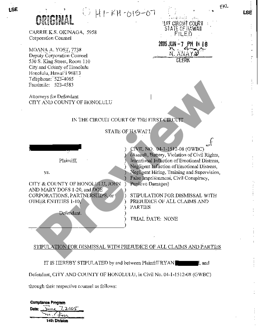 Hawaii Stipulation for Dismissal with Prejudice of All Claims and