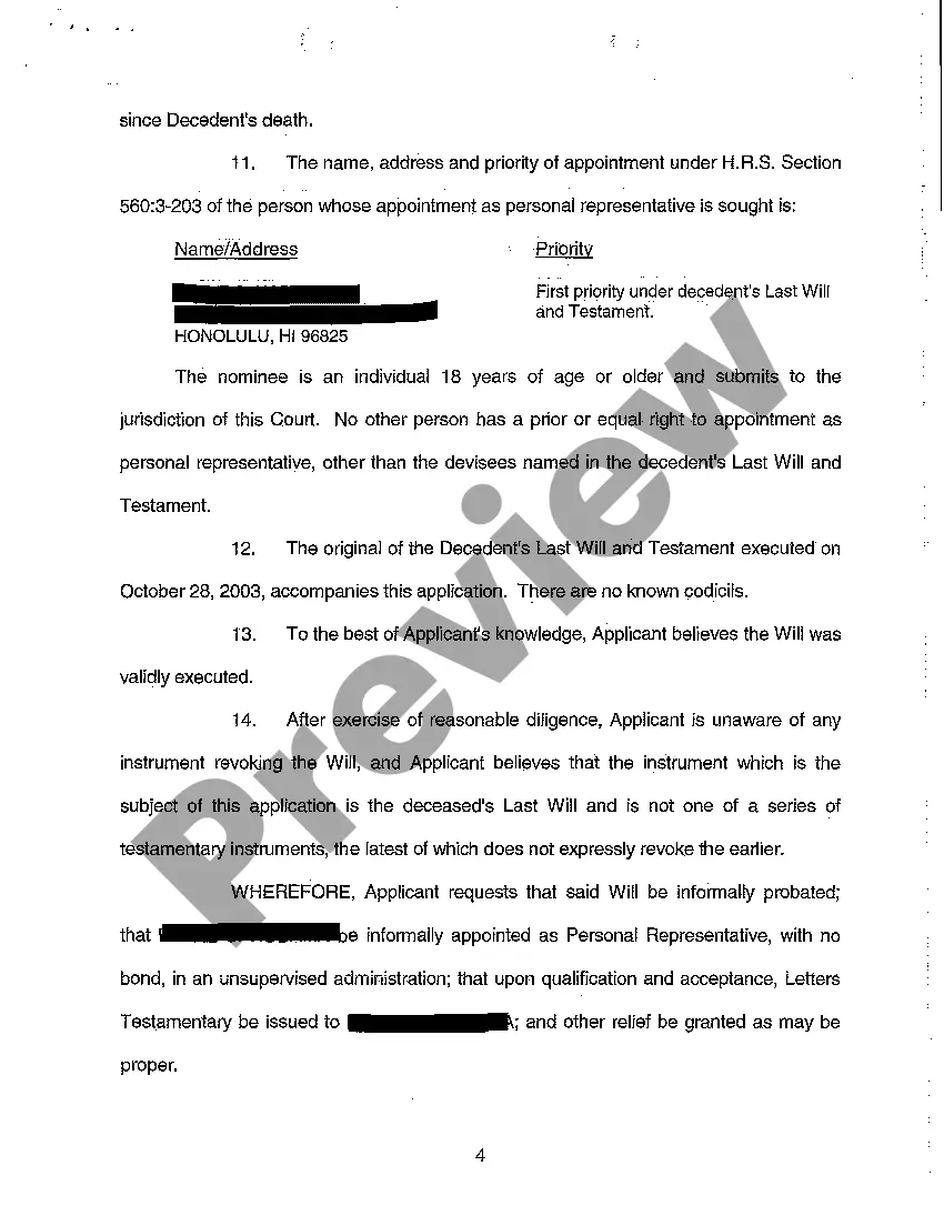 Preview A01 Application for Informal Probate of Will and for Informal Appointment of Personal Representative