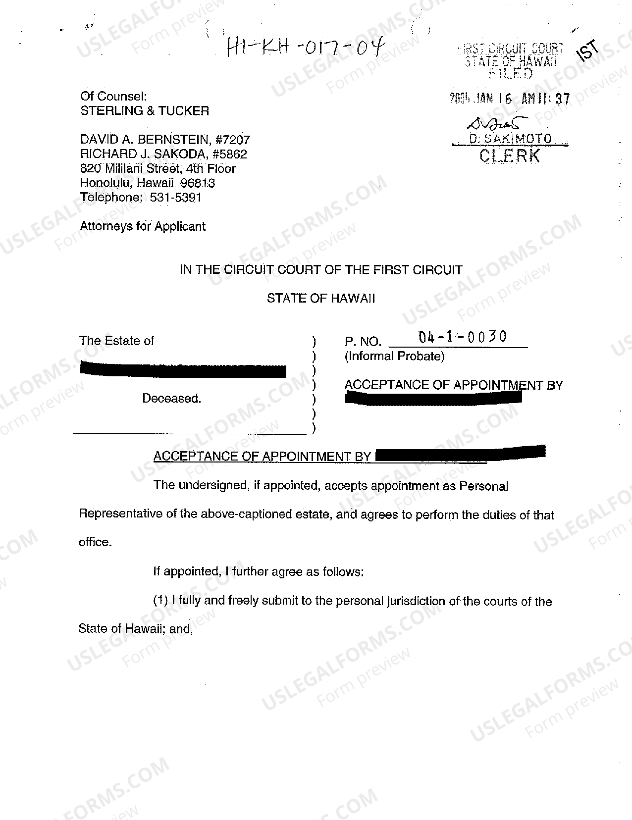 Hawaii Acceptance of Appointment by Personal Representative US Legal