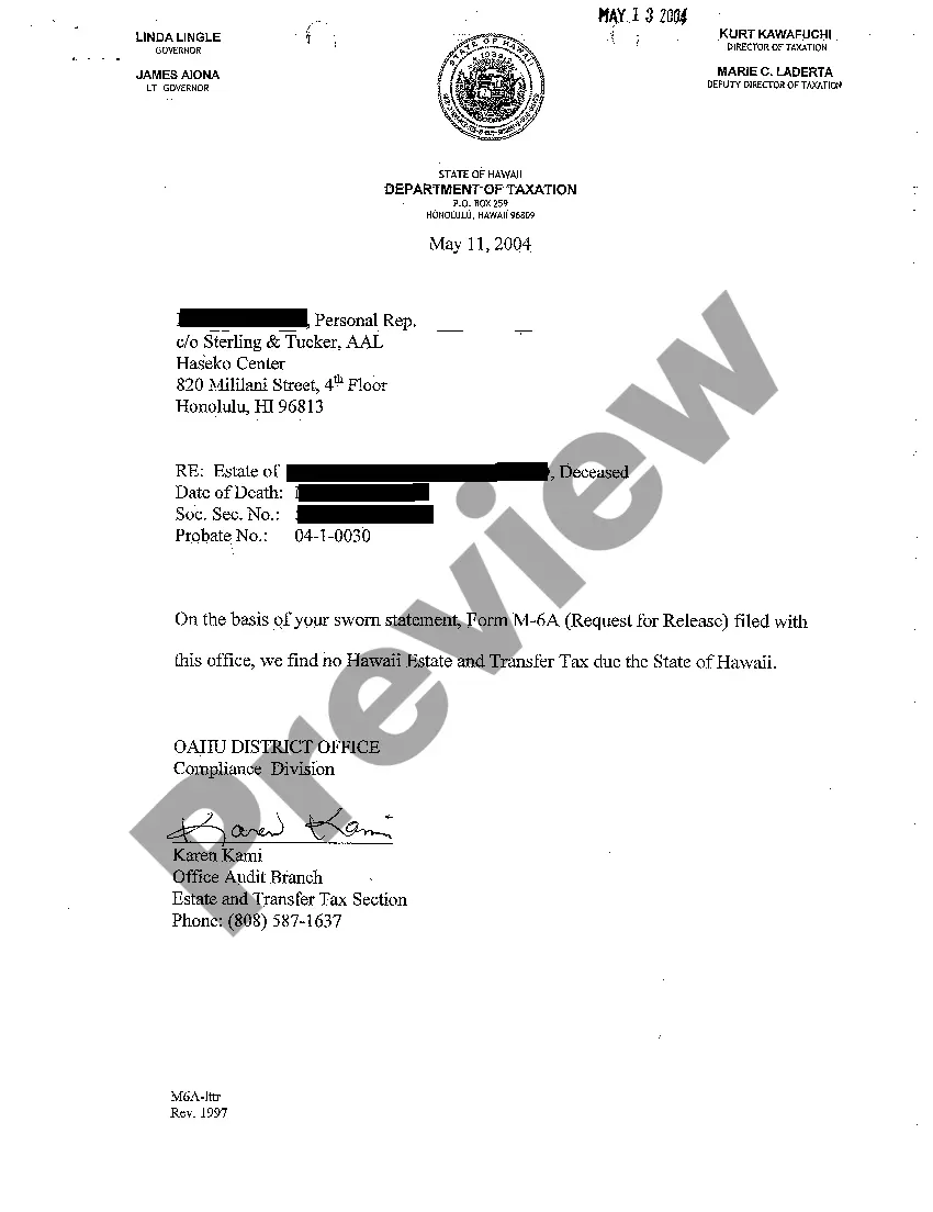 Get A08 Certificate Re No Hawaii Estate and Transfer Tax Due Preview A08 Certificate Re No Hawaii Estate and Transfer Tax Due