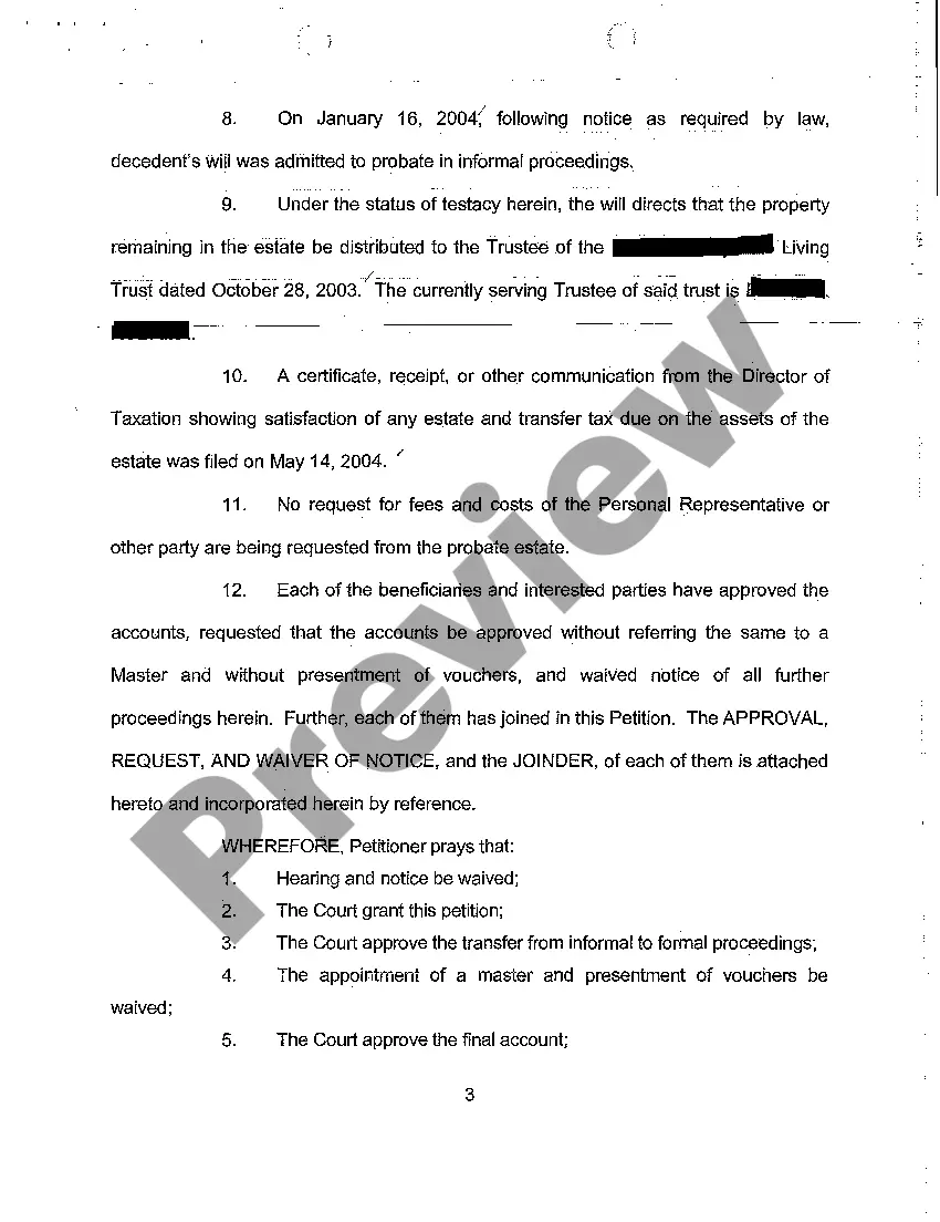 Preview A10 Ex Parte Petition to Transfer From Informal to Formal Proceedings and for Approval of Final Account, Distribution, and Settlement of Estate