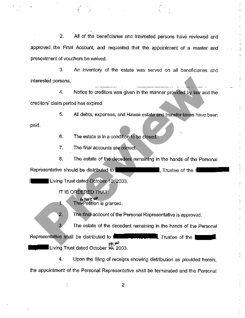 Preview A14 Order Granting Ex Parte Petition to Transfer From Informal to Formal Proceedings and Approval of Final Account and Distribution and Settlement of Estate